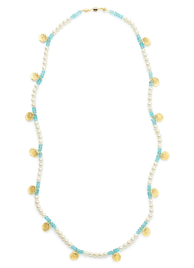 26-inch Freshwater Pearl and Apatite Bead Necklace with 18kt Gold Scallop Shells and Magnetic Clasp