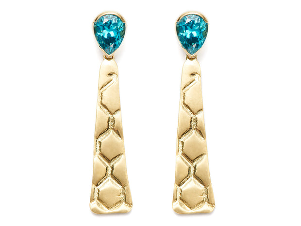 Faceted Blue Zircon and 18kt Gold Beehive Drop Earrings