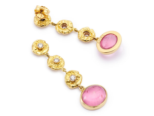 18kt Yellow Gold and Diamond “Seaquin” Dangle Earrings with Pink Tourmaline Drops