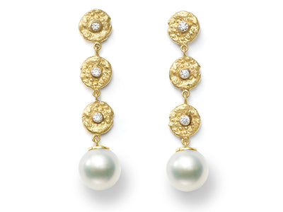 18kt Yellow Gold and Diamond “Seaquin” Dangle Earrings with South Sea Pearl Drops
