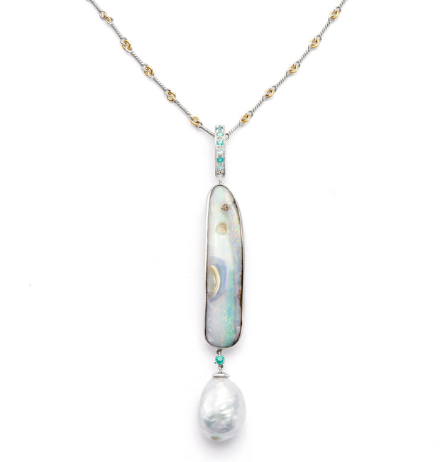 Australian Boulder Opal with Silver Baroque Pearl and Paraiba set in White Gold