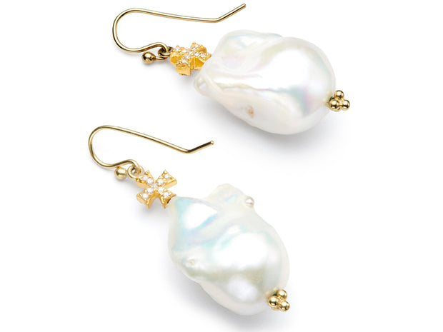 Baroque Pearl and Diamond Cross Drop Earrings in 18kt Gold