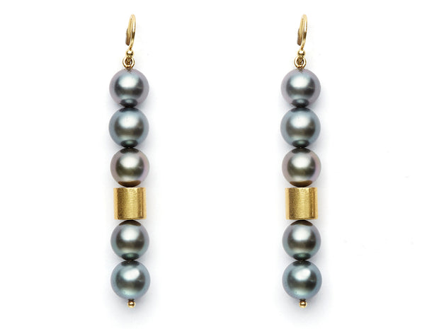 Black Tahitian Pearl and 20kt Gold Tube Earrings
