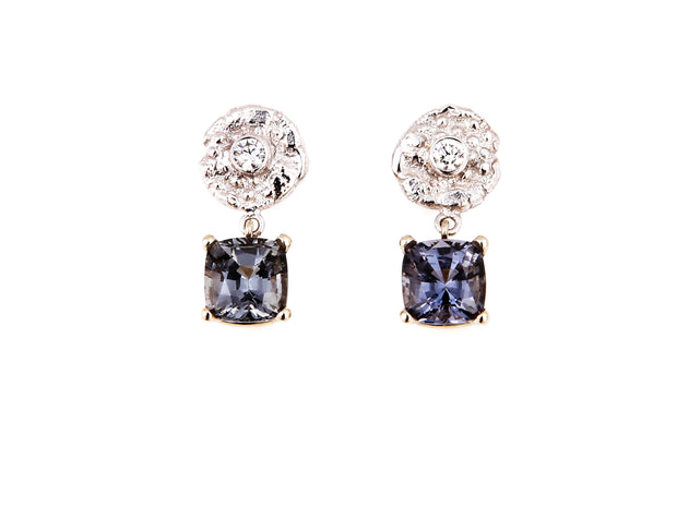 14kt White Gold and Diamond “Seaquin” Earrings with Grey Spinel Drops