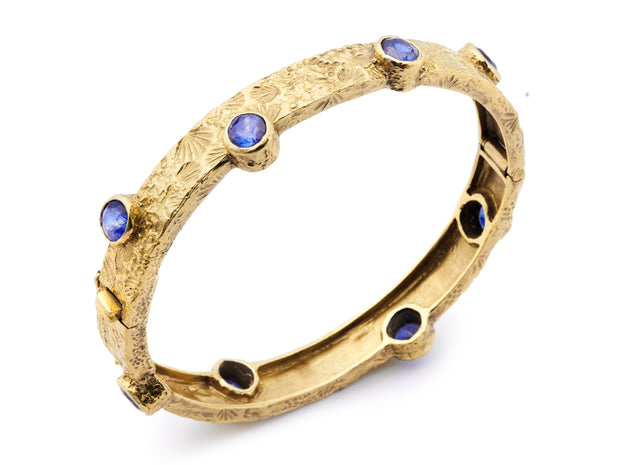 18kt Gold Seascape Hinged Bangle with Sapphires