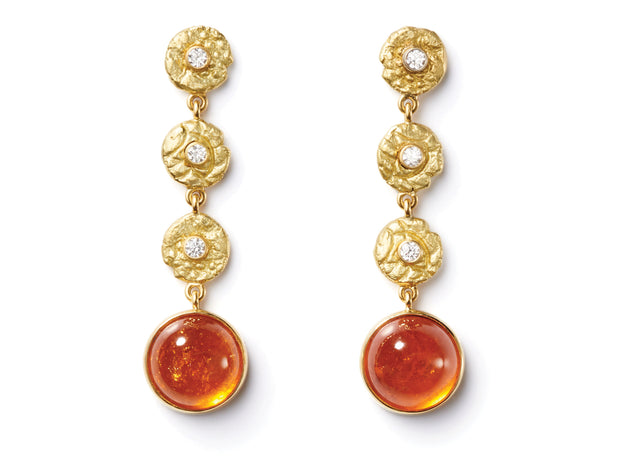 18kt Yellow Gold and Diamond “Seaquin” Dangle Earrings with Mandarin Garnet Drops