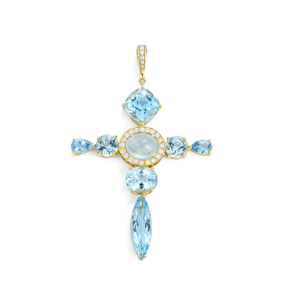 Aquamarine and Pavé Diamond Cross Pendant