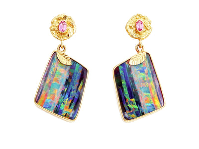 Australian Boulder Opal Earrings with "Seaquin" and Pink Spinel Studs