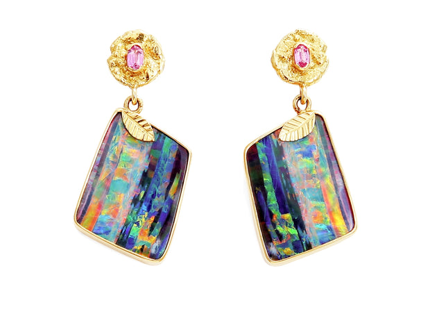 Australian Boulder Opal Earrings with "Seaquin" and Pink Spinel Studs