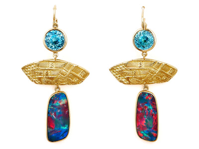 Blue Zircon and Australian Boulder Opal Dangle Earrings in 18kt Gold