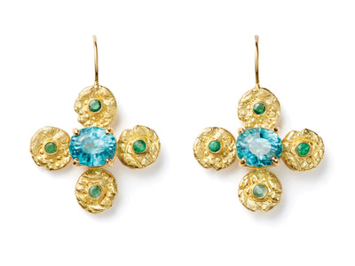 Blue Zircon and “Seaquins” set with Emeralds in 18kt Yellow Gold