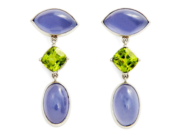 Chalcedony and Peridot Drop Earrings in Platinum