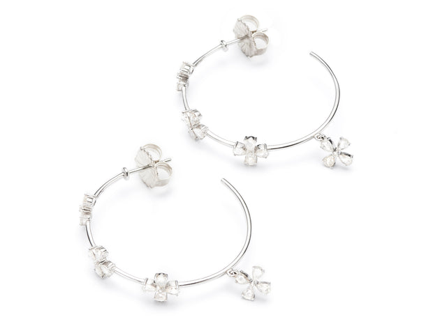 Diamond Flower Hoop Earrings in 18kt White Gold: Large