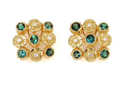 Green Tourmaline and “Seaquins” set with Diamonds in 18kt Yellow Gold
