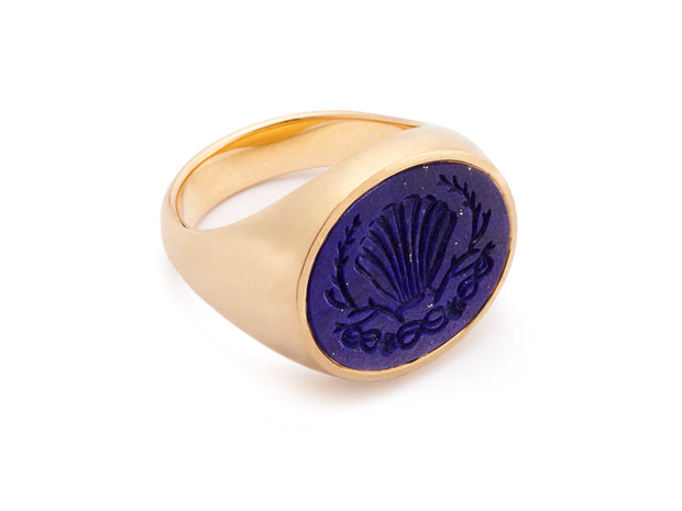 Hand Carved Lapis Lazuli Signet Ring in 18kt Gold