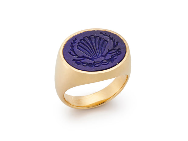 Hand Carved Lapis Lazuli Signet Ring in 18kt Gold