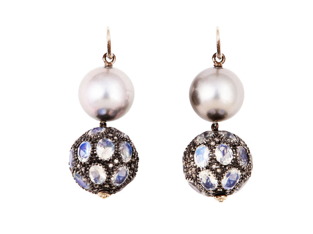 Moonstone encrusted drops and Pearl Earrings
