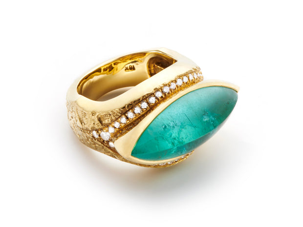 Navette Cabochon Paraiba Tourmaline and Diamonds set in an 18kt Gold Band