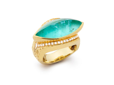 Navette Cabochon Paraiba Tourmaline and Diamonds set in an 18kt Gold Band