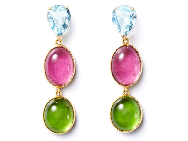 Peridot, Pink Tourmaline and Aquamarine Drop Earrings set in 18kt Gold