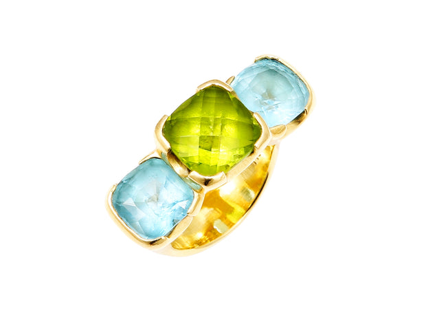 Peridot with Two Blue Zircons set in 18kt Gold
