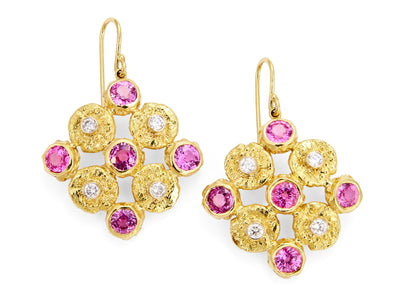 Pink Sapphire and “Seaquins” set with Diamonds in 18kt Yellow Gold