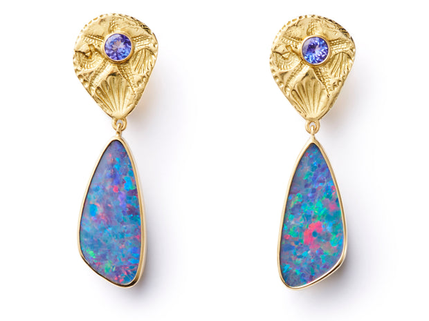 Seascape and Sapphire Earrings in 18kt Gold with Opal Drops