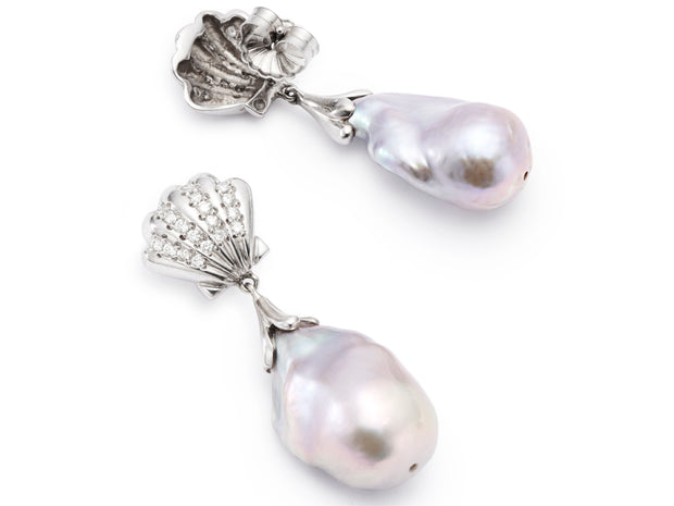 Silver Baroque Pearl and Diamond Scallop Shell Drop Earrings in 18kt White Gold