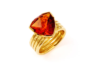 Trilliant Cut Citrine set in 18kt Gold Four Band Ring