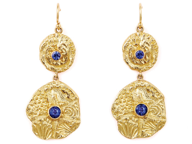 “Sea Star” and “Star and Sea” Earrings set with Bright Blue Sapphires