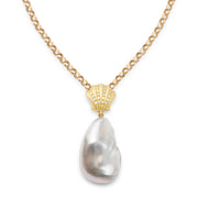 18kt Gold Diamond Scallop Shell with Freshwater Baroque Pearl