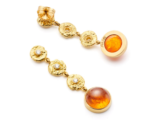 18kt Yellow Gold and Diamond “Seaquin” Dangle Earrings with Mandarin Garnet Drops