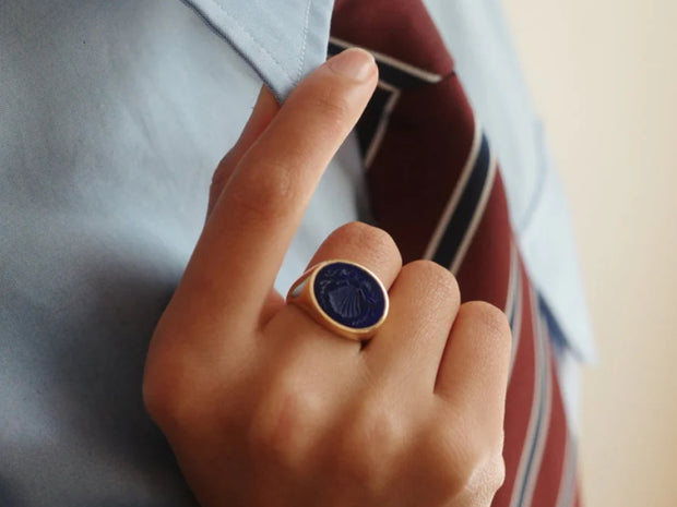 Hand Carved Lapis Lazuli Signet Ring in 18kt Gold