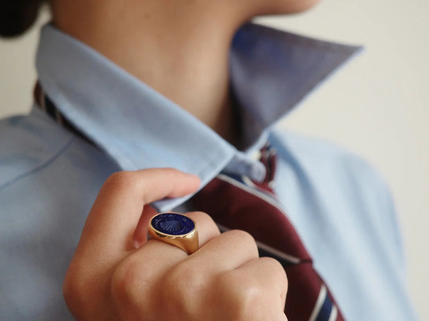 Hand Carved Lapis Lazuli Signet Ring in 18kt Gold