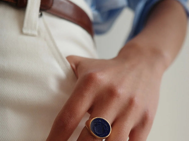 Hand Carved Lapis Lazuli Signet Ring in 18kt Gold