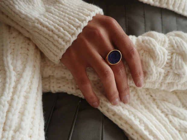Hand Carved Lapis Lazuli Signet Ring in 18kt Gold