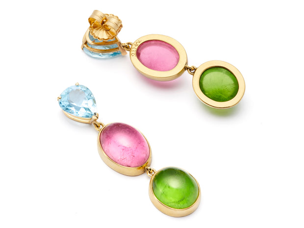 Peridot, Pink Tourmaline and Aquamarine Drop Earrings set in 18kt Gold