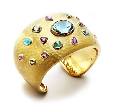 Hammered 18kt Gold Cuff set with Multi Gemstones