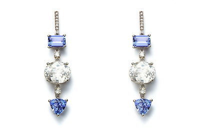 18kt White Gold Tanzanite White Zircon and Diamond Dangle Earrings