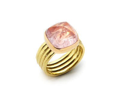 Antique Custom Cut Cabochon Morganite set in 18kt Rose Gold and 18kt Yellow Gold Band