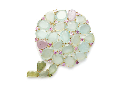 Aquamarine with Pink and Green Sapphire Hydrangea Pendant/Pin