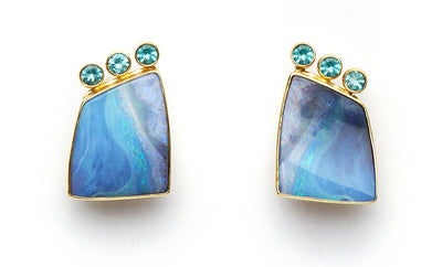 Australian Boulder Opal and Apatite Earrings set in 18kt Gold