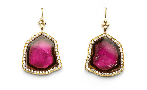 Watermelon Tourmaline and Diamond Earrings set in 18kt Yellow Gold