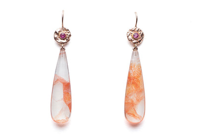 Fire Opal in Agate drops, 18kt Rose Gold "Seaquins" set with Pink Sapphires