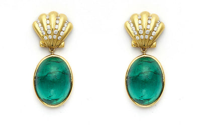 Green Tourmaline Earrings with 18kt Gold and Diamond Shells
