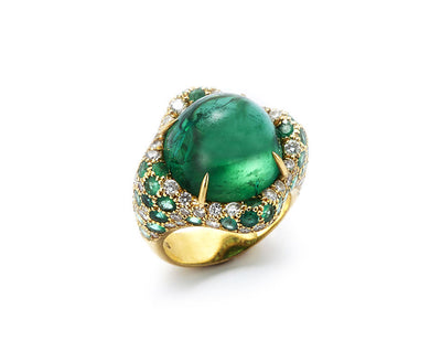 Green Tourmaline Ring with Diamonds and Emeralds set in 18kt Gold