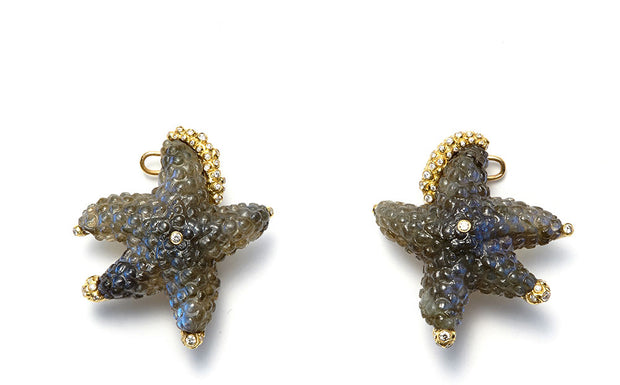 Hand Carved Labradorite Starfish with Diamonds in 18kt Gold