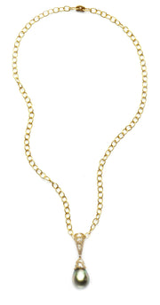 Pistachio Tahitian Pearl Pendant Set in 18kt Yellow Gold with 2.5ct White Rose Cut Diamonds