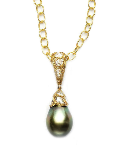 Pistachio Tahitian Pearl Pendant Set in 18kt Yellow Gold with 2.5ct White Rose Cut Diamonds