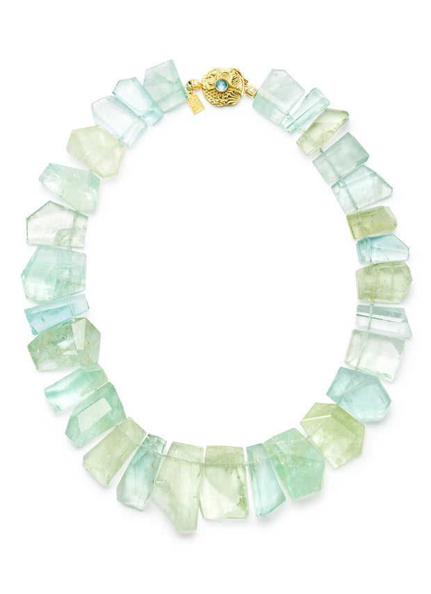 Aquamarine and Green Beryl Plate Necklace with 18kt Gold Star & Sea Clasp with 6mm Cabochon Paraiba Tourmaline